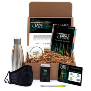 Image of a box with several swag items including a water bottle and face mask