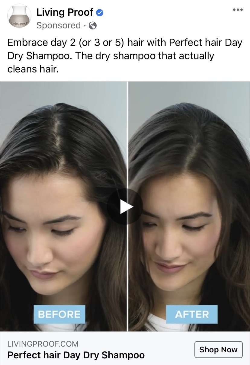 Screenshot of Facebook Ad from Living Proof for dry shampoo