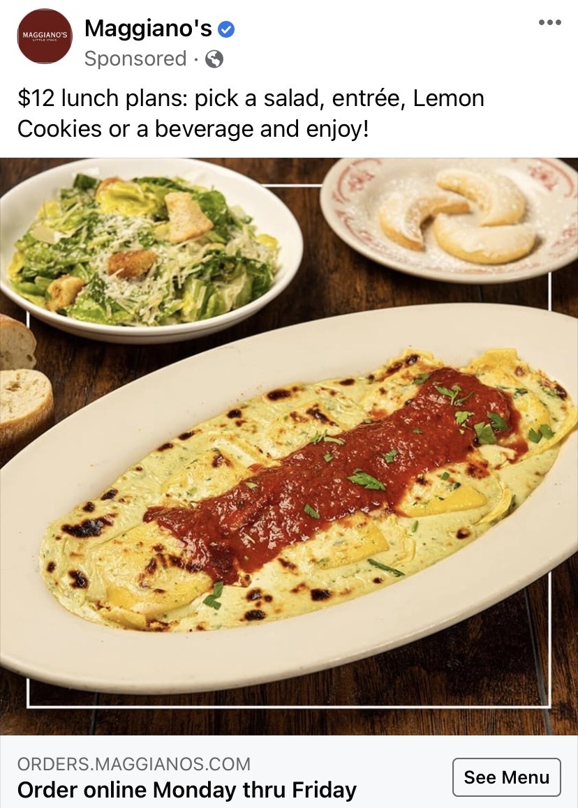 Screenshot of Facebook Ad from Maggiano's of ravioli meal