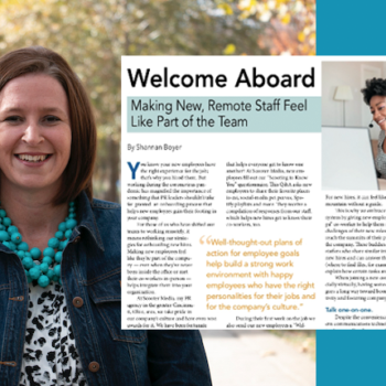 Professional headshot of woman outside with PRSA magazine titled "Welcome Aboard" aligned right accompanied by an image of a woman wearing a headset waving at a latop screen for an online meeting