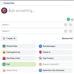 Screenshot selecting Facebook poll function as a posting option