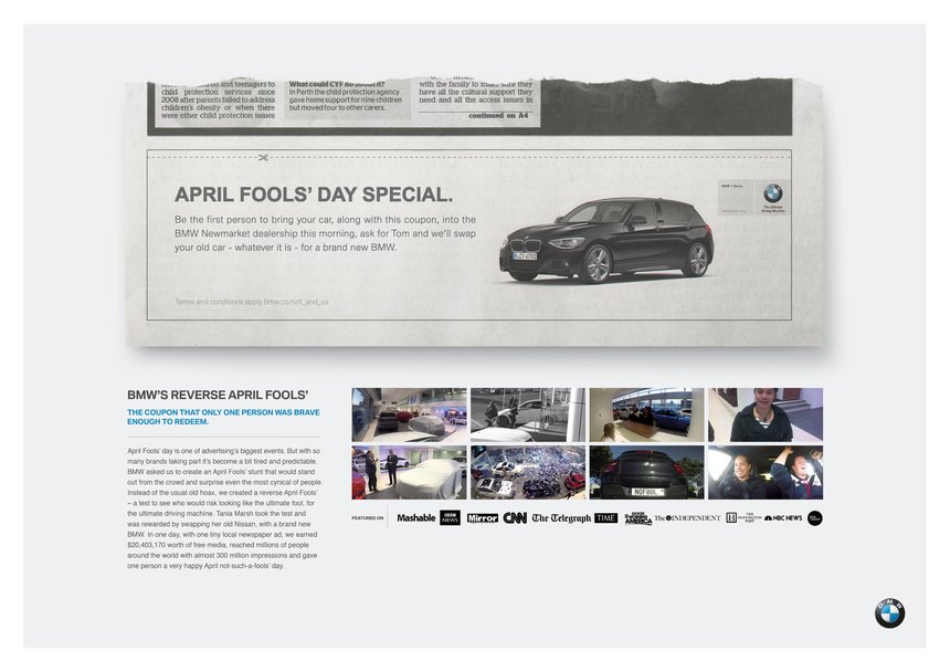 Clip from a New Zealand newspaper with BMW April Fools' Day coupon