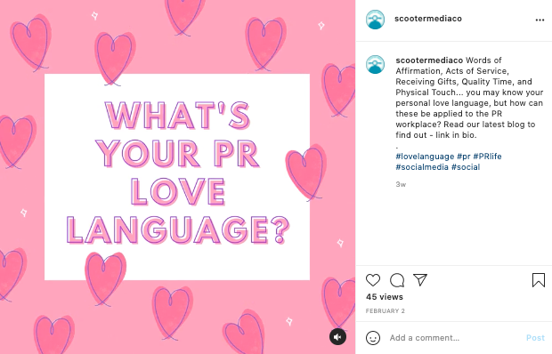 A social media graphic with hearts and the text "What's your PR love language?"
