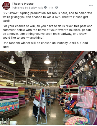 Screenshot of a post from Theatre House Facebook page inviting fans to participate in a giveaway
