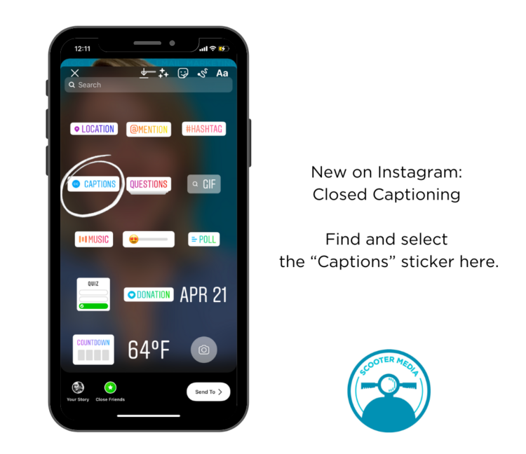 iPhone with Instagram's Sticker Selection Screen with Captions sticker circled in white