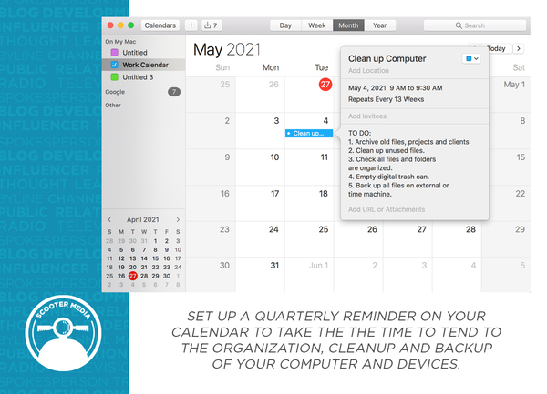 Screenshot of a calendar with reminders to clean digital files