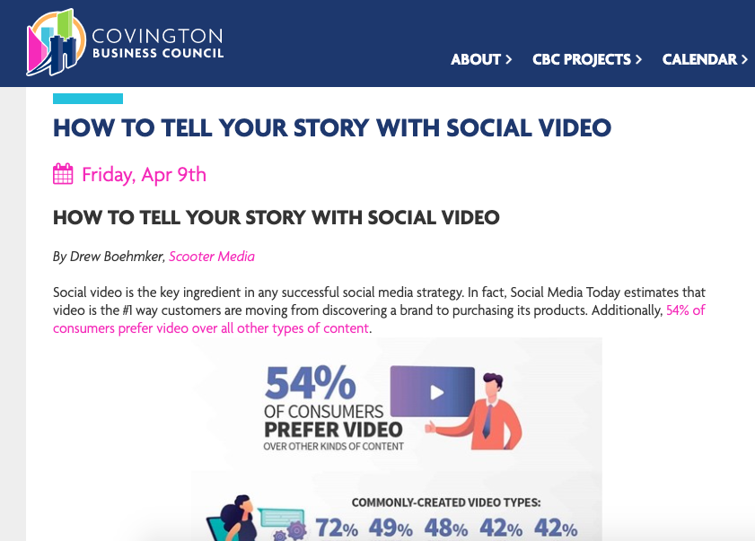 Screenshot of Scooter Media blog post on Covington Business Council website