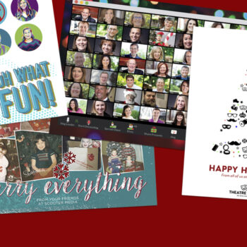 Several company holiday cards displayed on a red background