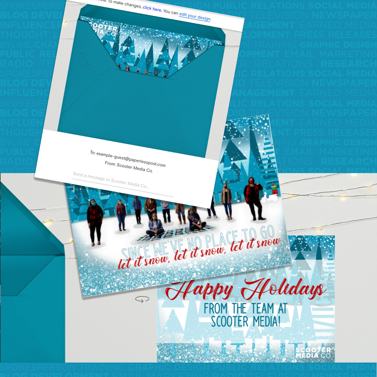 Example of a holiday card featuring the Scooter Media team