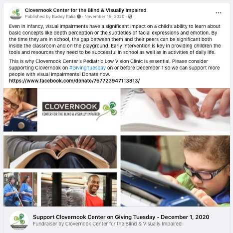 Social media post from Clovernook promoting #GivingTuesday campaign