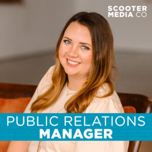 side image of a woman with brown hair smiling at the camera with the words Public Relations Manager in a blue banner 