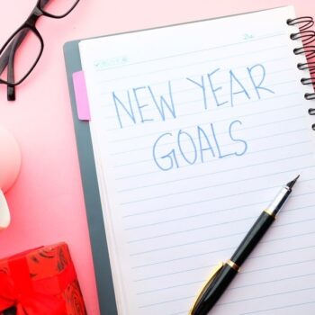 Notebook with "New Year's Goals" written in blue ink