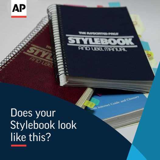 Old AP Stylebooks with the text "Does your AP Stylebook look like this" overlaid on top