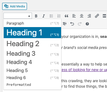 Screenshot from WordPress displaying heading settings
