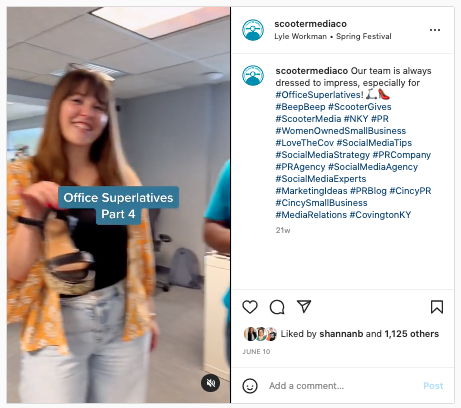 Screenshot from Instagram Reels showing the Scooter Media team's office superlatives