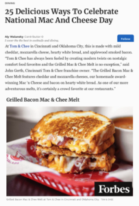 A screenshot of a national media hit from Forbes, featuring Tom and Chee, for an article called "25 Delicious Ways to Celebrate National Mac and Cheese Day"