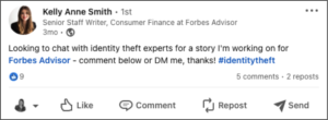 A screenshot of a LinkedIn post from a reporter asking for assistance with a story on identity theft
