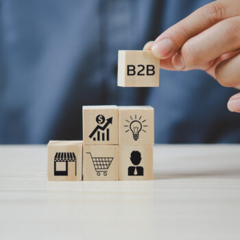 Wooden blocks with B2B pitching concepts labelled on them