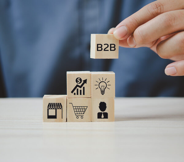 Wooden blocks with B2B pitching concepts labelled on them