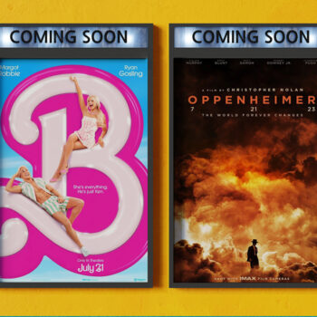 Barbie movie poster on left and Oppenheimer movie poster on right.