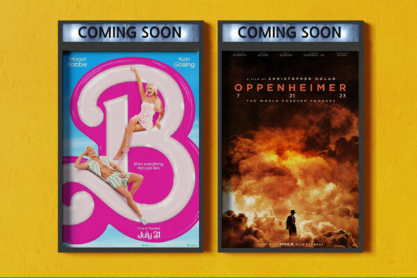 Barbie movie poster on left and Oppenheimer movie poster on right.