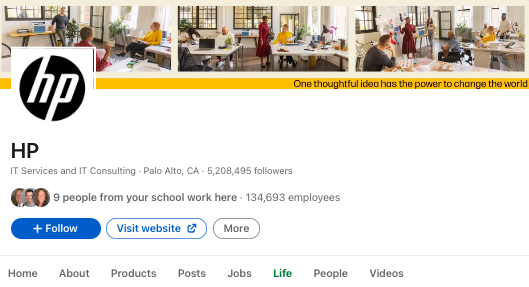 Life Page cover image for HP in LinkedIn platform