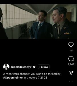 Screenshot of Robert Downey Jr.'s Oppenheimer Trailer Instagram Reel Post