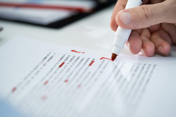 A paper being marked up in red pen