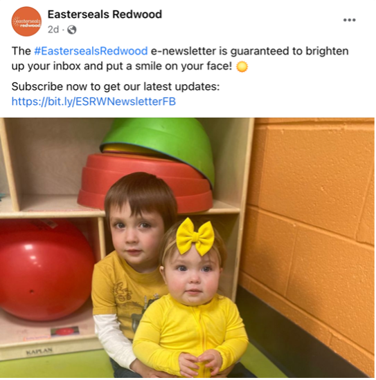 An Easterseals Redwood Facebook post inviting social media audiences to join the organization's email subscriber list