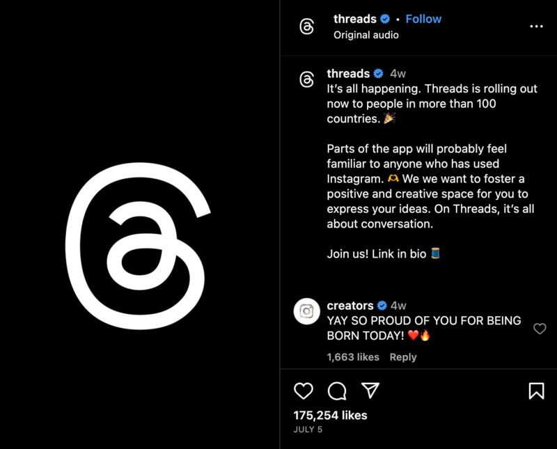 Screenshot of Threads launch post on Instagram