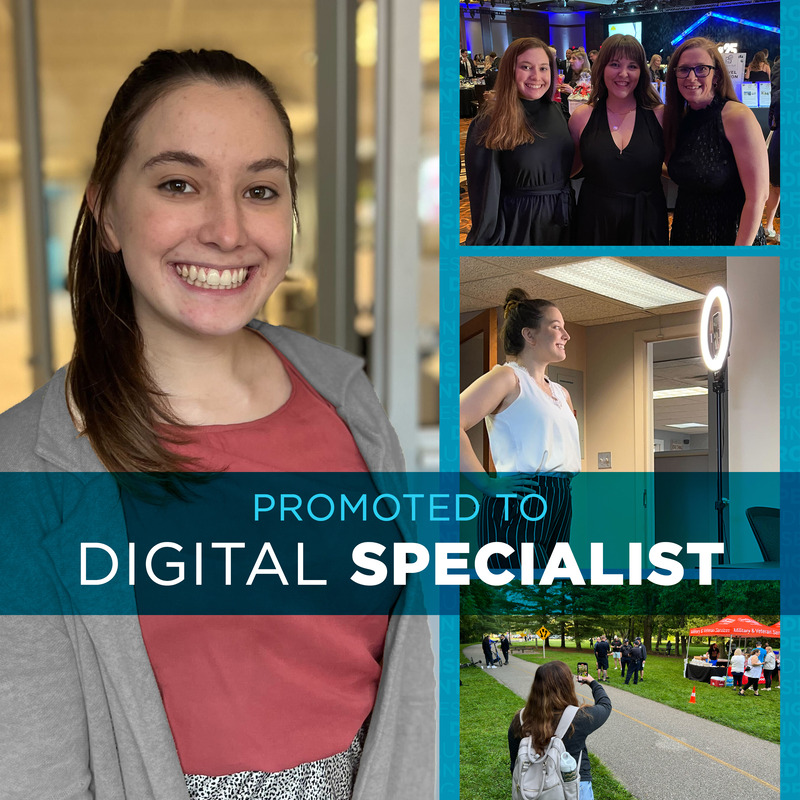 A collage of photos featuring Kali Reaves with the text "Promoted to Digital Specialist"