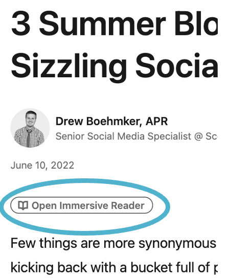 A screenshot from LinkedIn showing the "Open Immersive Reader" button