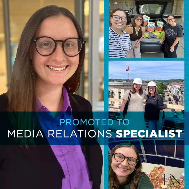 A collage of photos featuring Tareza Bosma with the text "Promoted to Media Relations Specialist"